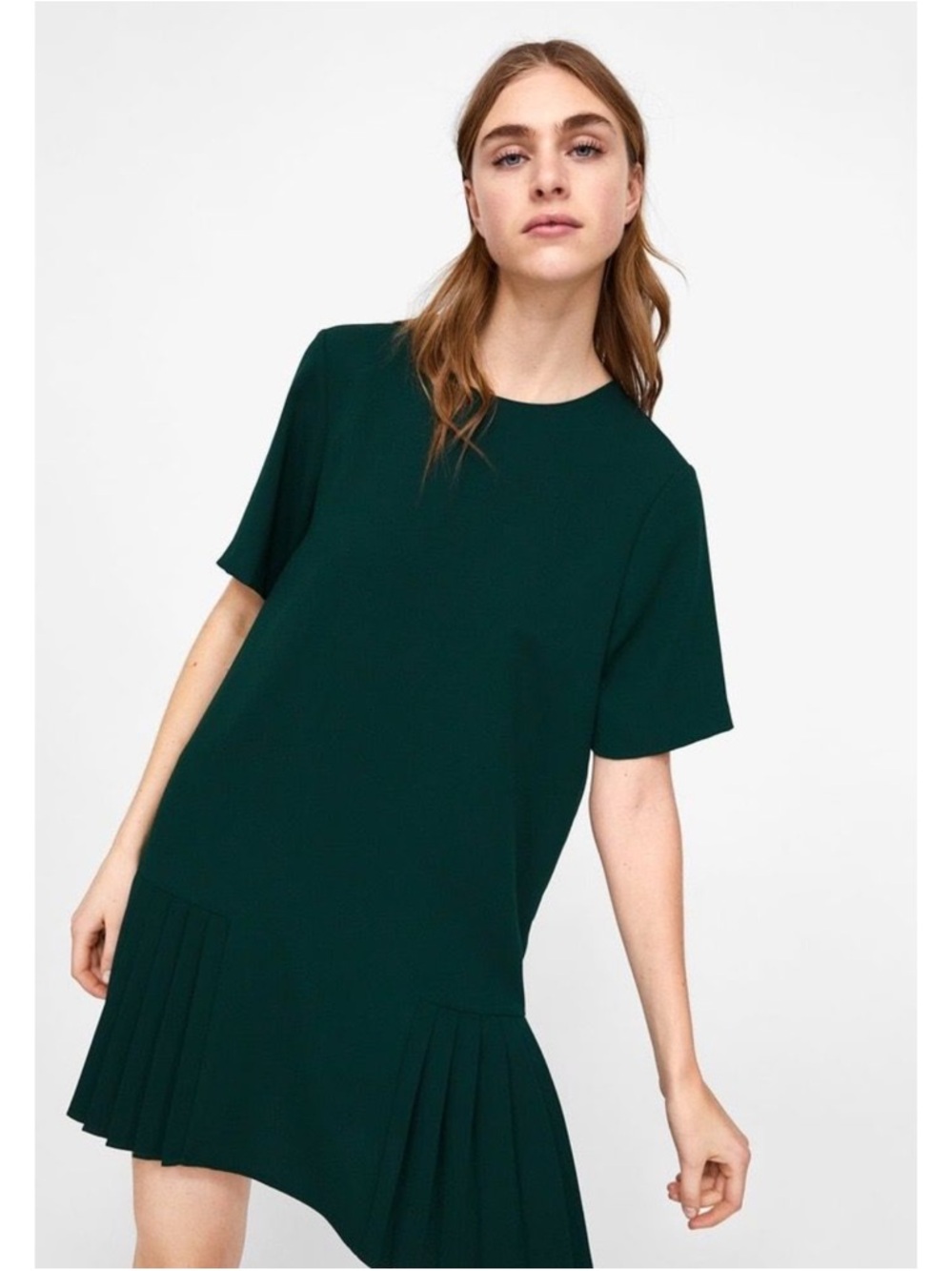 Zara Dark Green Short Sleeve Drop-Waist Pleated Dress Medium